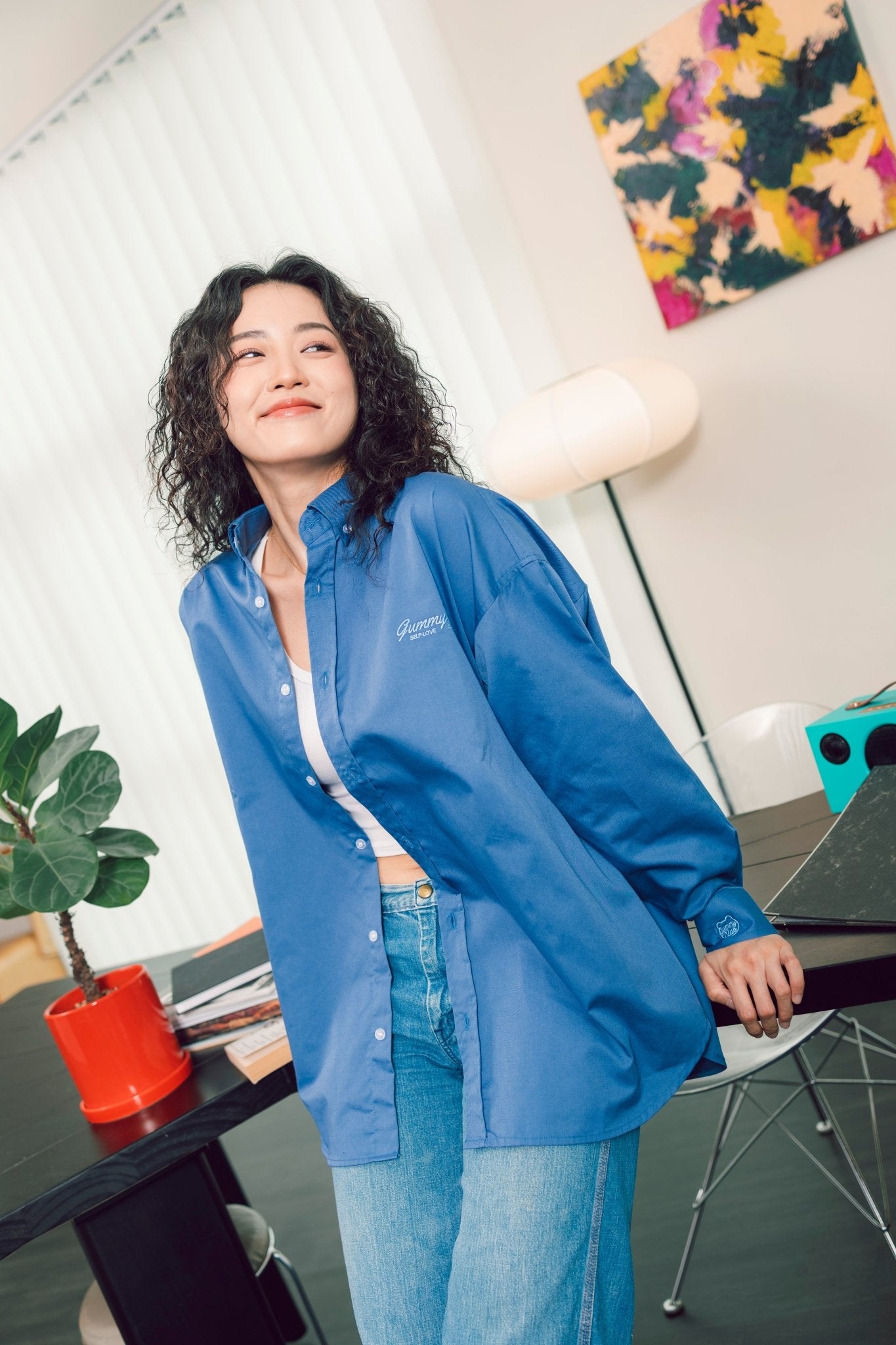 Boyfriend's Shirt Loose Fit Button Shirt - Unisex Embroidery - Gummy Club Official - Blue - Blue